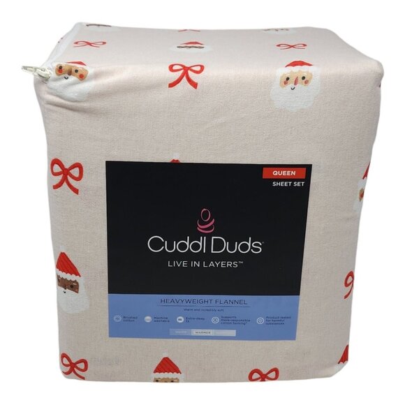 New Cuddl Duds Queen Size 4 pc Heavyweight Flannel Sheet Set Holiday Santa Heads - Picture 1 of 9